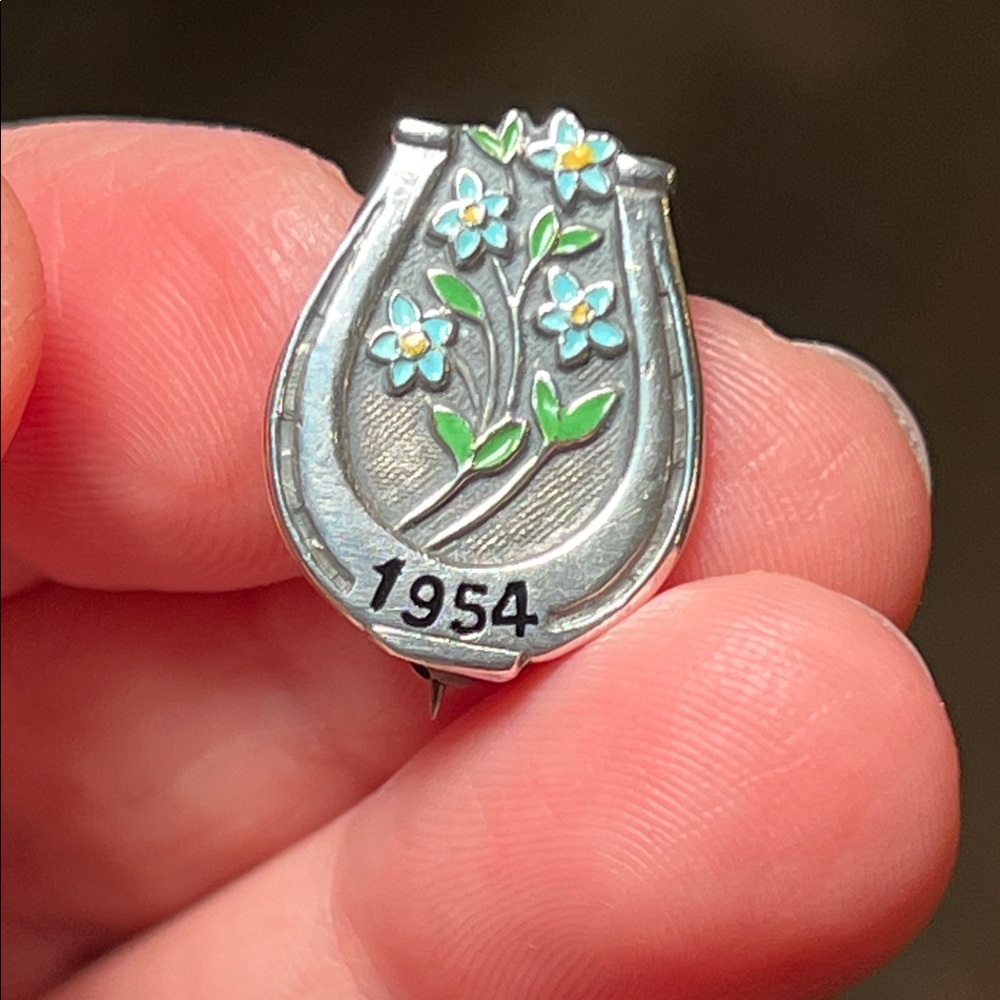 VTG 1954 Forget Me Not Flower Horseshoe Enamel Sterling Silver Mini Brooch